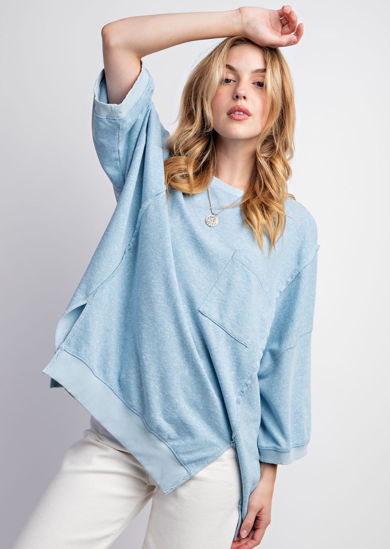 Sky Blue Banded Bottom Knit Top by Easel - Plus/Regular-Apparel-Easel-LouisGeorge Boutique, Women’s Fashion Boutique Located in Trussville, Alabama