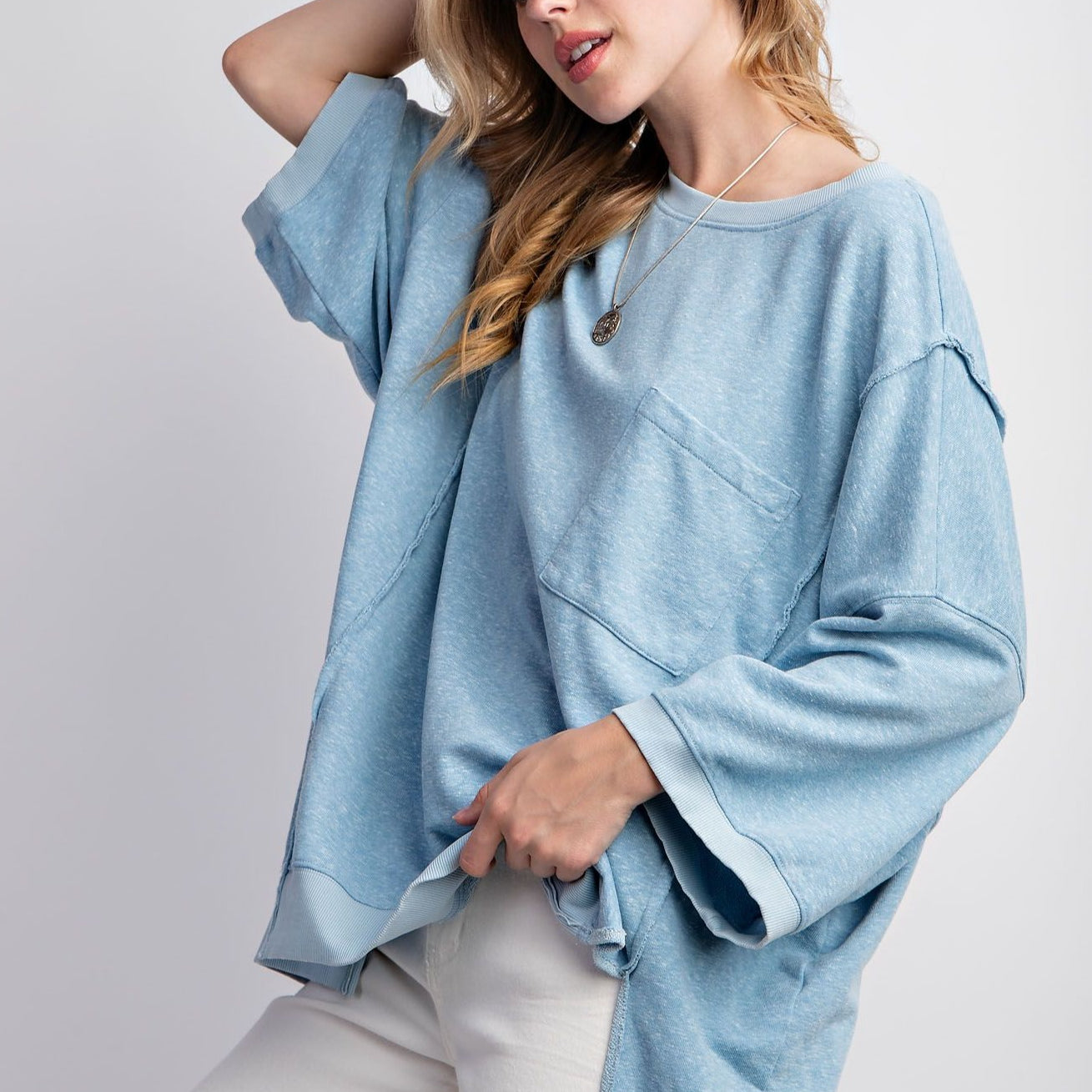 Sky Blue Banded Bottom Knit Top by Easel - Plus/Regular-Apparel-Easel-LouisGeorge Boutique, Women’s Fashion Boutique Located in Trussville, Alabama