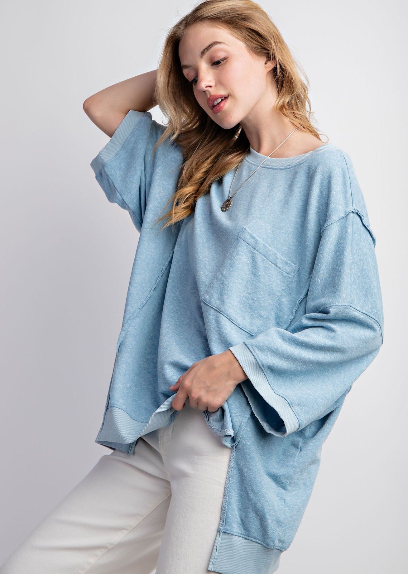 Sky Blue Banded Bottom Knit Top by Easel - Plus/Regular-Apparel-Easel-LouisGeorge Boutique, Women’s Fashion Boutique Located in Trussville, Alabama