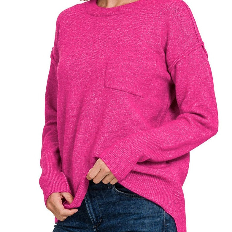 Hi-Low Hem Pocket Round Neck Sweater - Heather Magenta - Plus/Regular-Tee-LouisGeorge Boutique-LouisGeorge Boutique, Women’s Fashion Boutique Located in Trussville, Alabama