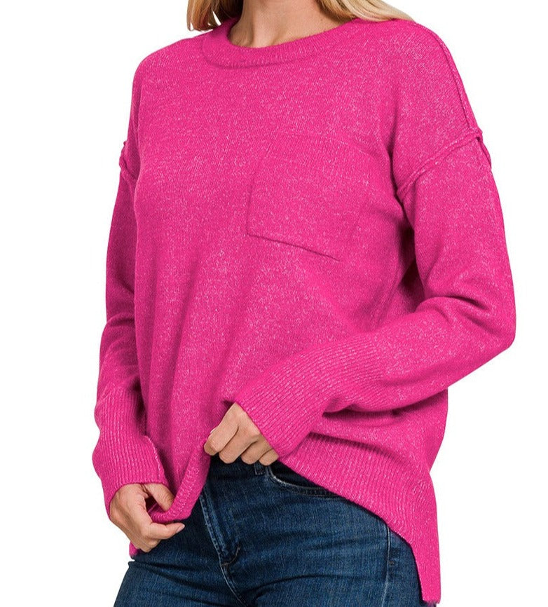 Hi-Low Hem Pocket Round Neck Sweater - Heather Magenta - Plus/Regular-Tee-LouisGeorge Boutique-LouisGeorge Boutique, Women’s Fashion Boutique Located in Trussville, Alabama
