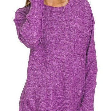 Hi-Low Hem Pocket Round Neck Sweater - Heather Violet - Plus/Regular-Tee-LouisGeorge Boutique-LouisGeorge Boutique, Women’s Fashion Boutique Located in Trussville, Alabama