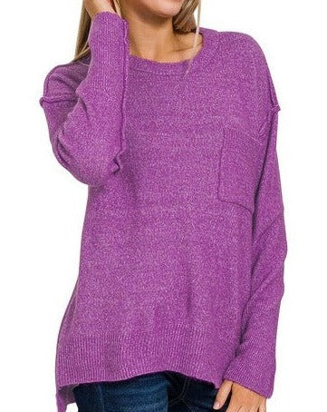 Hi-Low Hem Pocket Round Neck Sweater - Heather Violet - Plus/Regular-Tee-LouisGeorge Boutique-LouisGeorge Boutique, Women’s Fashion Boutique Located in Trussville, Alabama