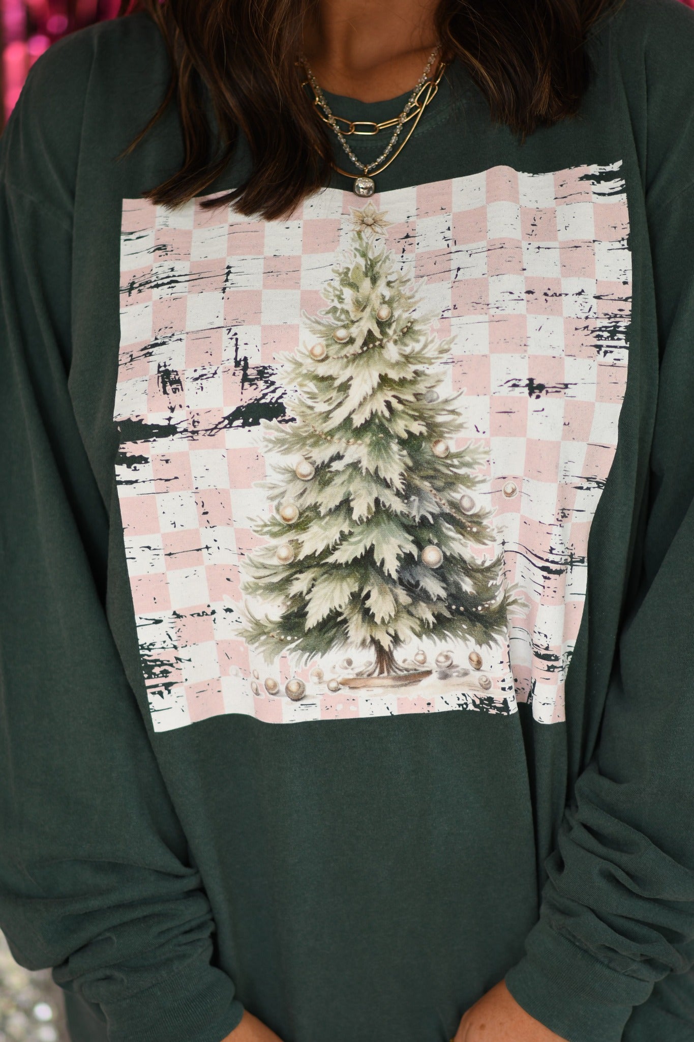 Pink Distressed Checkered Christmas Tree Tee Comfort Colors Long Sleeve - Blue Spruce-Graphic Tee-LouisGeorge Boutique-LouisGeorge Boutique, Women’s Fashion Boutique Located in Trussville, Alabama