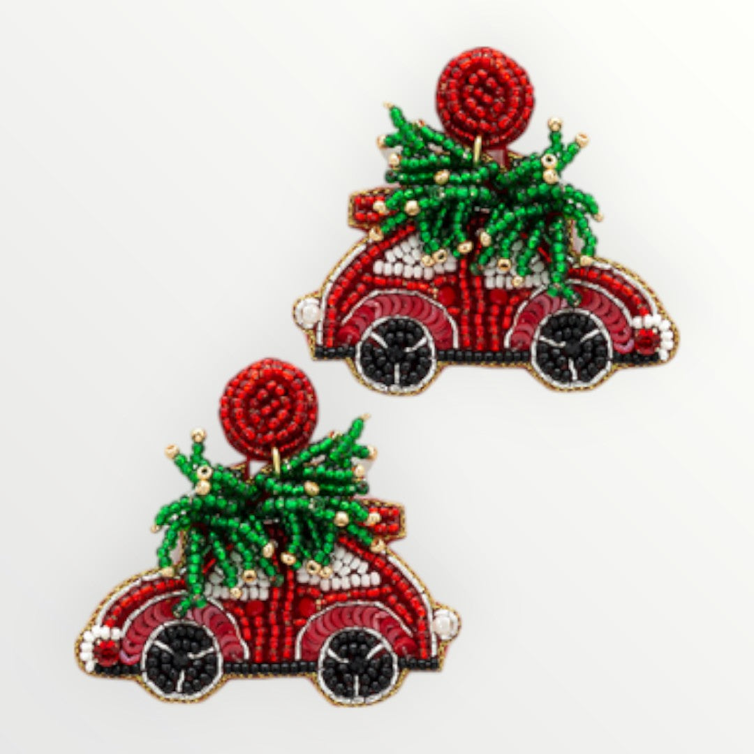 Merry Little Car & Tree Beaded Earrings-Earrings-LouisGeorge Boutique-LouisGeorge Boutique, Women’s Fashion Boutique Located in Trussville, Alabama
