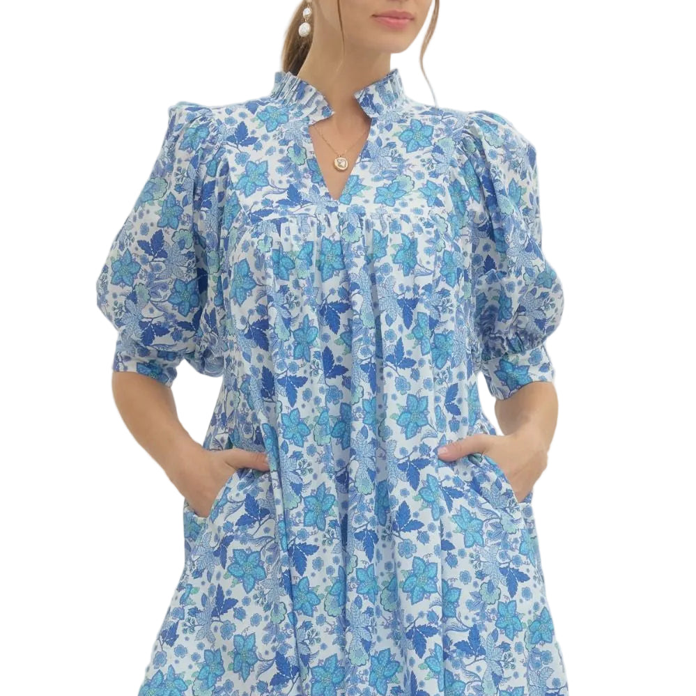Floral Print Ruffled Collar Mini Dress - Off White/Blue - Plus & Regular-Apparel-Entro-LouisGeorge Boutique, Women’s Fashion Boutique Located in Trussville, Alabama