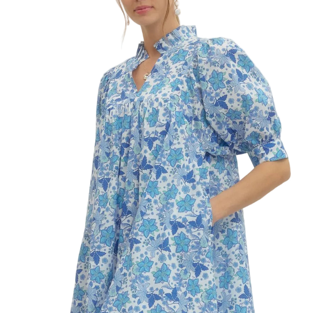 Floral Print Ruffled Collar Mini Dress - Off White/Blue - Plus & Regular-Apparel-Entro-LouisGeorge Boutique, Women’s Fashion Boutique Located in Trussville, Alabama