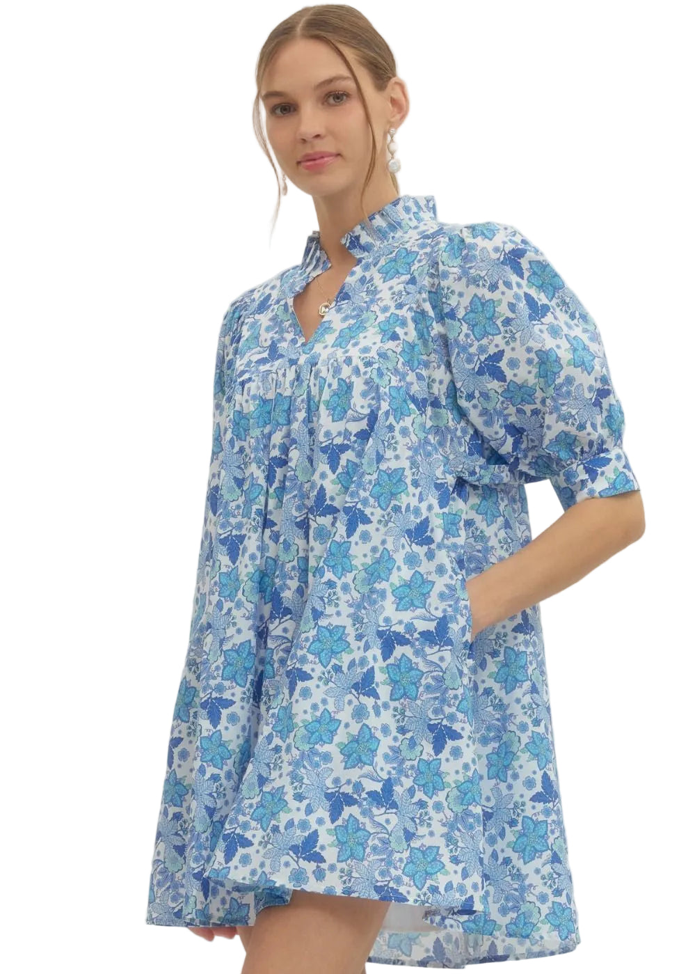 Floral Print Ruffled Collar Mini Dress - Off White/Blue - Plus & Regular-Apparel-Entro-LouisGeorge Boutique, Women’s Fashion Boutique Located in Trussville, Alabama