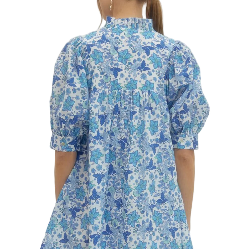 Floral Print Ruffled Collar Mini Dress - Off White/Blue - Plus & Regular-Apparel-Entro-LouisGeorge Boutique, Women’s Fashion Boutique Located in Trussville, Alabama