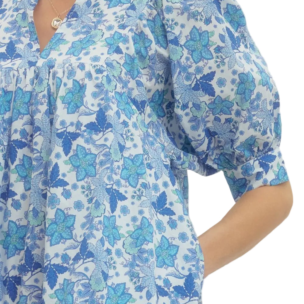 Floral Print Ruffled Collar Mini Dress - Off White/Blue - Plus & Regular-Apparel-Entro-LouisGeorge Boutique, Women’s Fashion Boutique Located in Trussville, Alabama