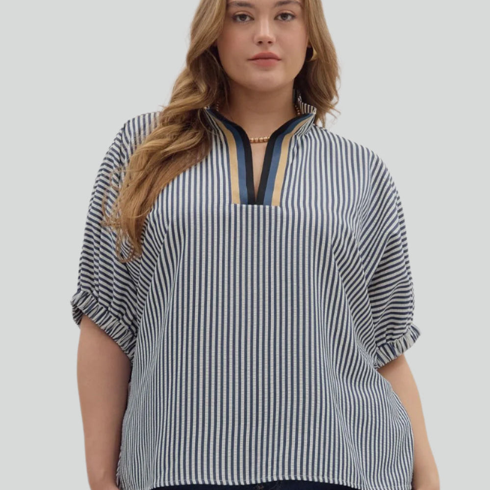Navy Multi-Stripe Dolman Top - Plus/Regular-Apparel-Entro-LouisGeorge Boutique, Women’s Fashion Boutique Located in Trussville, Alabama