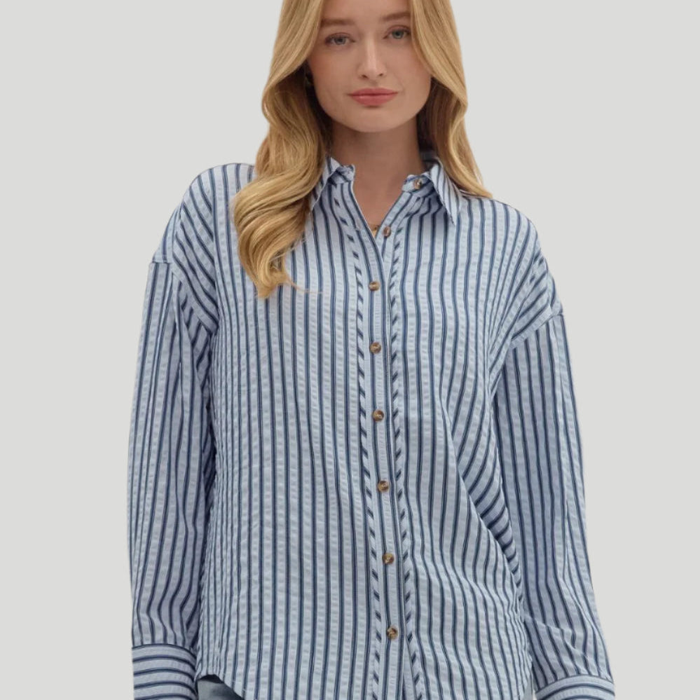 Chambray Textured Stripe Button-Down Top - Plus/Regular-Apparel-Entro-LouisGeorge Boutique, Women’s Fashion Boutique Located in Trussville, Alabama