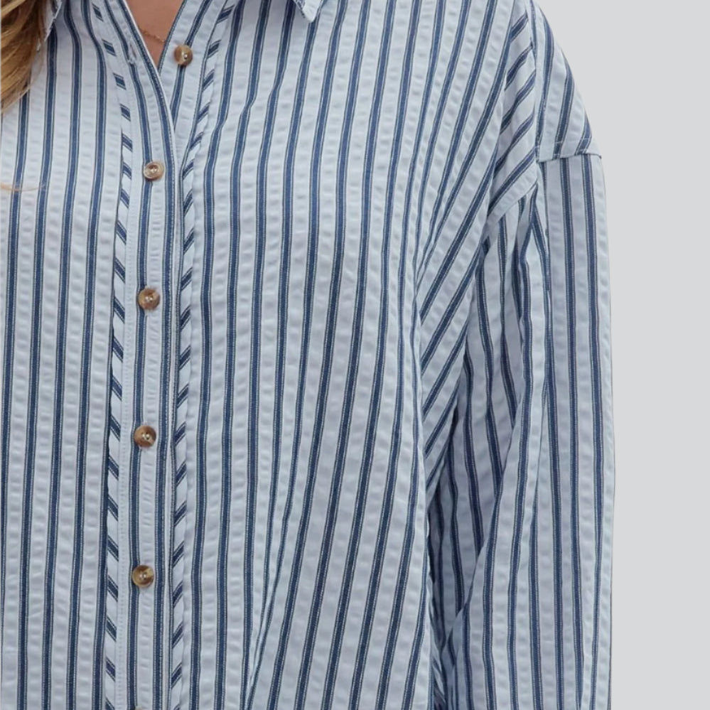 Chambray Textured Stripe Button-Down Top - Plus/Regular-Apparel-Entro-LouisGeorge Boutique, Women’s Fashion Boutique Located in Trussville, Alabama