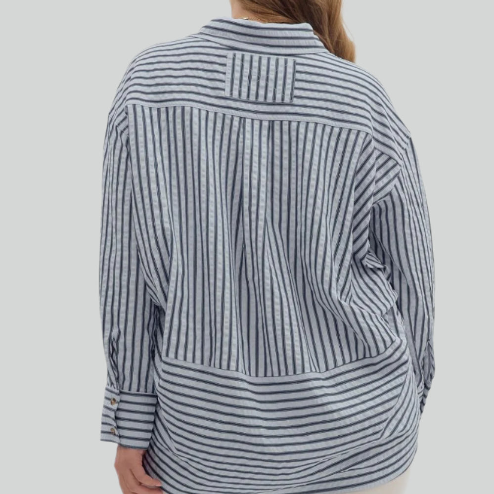 Chambray Textured Stripe Button-Down Top - Plus/Regular-Apparel-Entro-LouisGeorge Boutique, Women’s Fashion Boutique Located in Trussville, Alabama