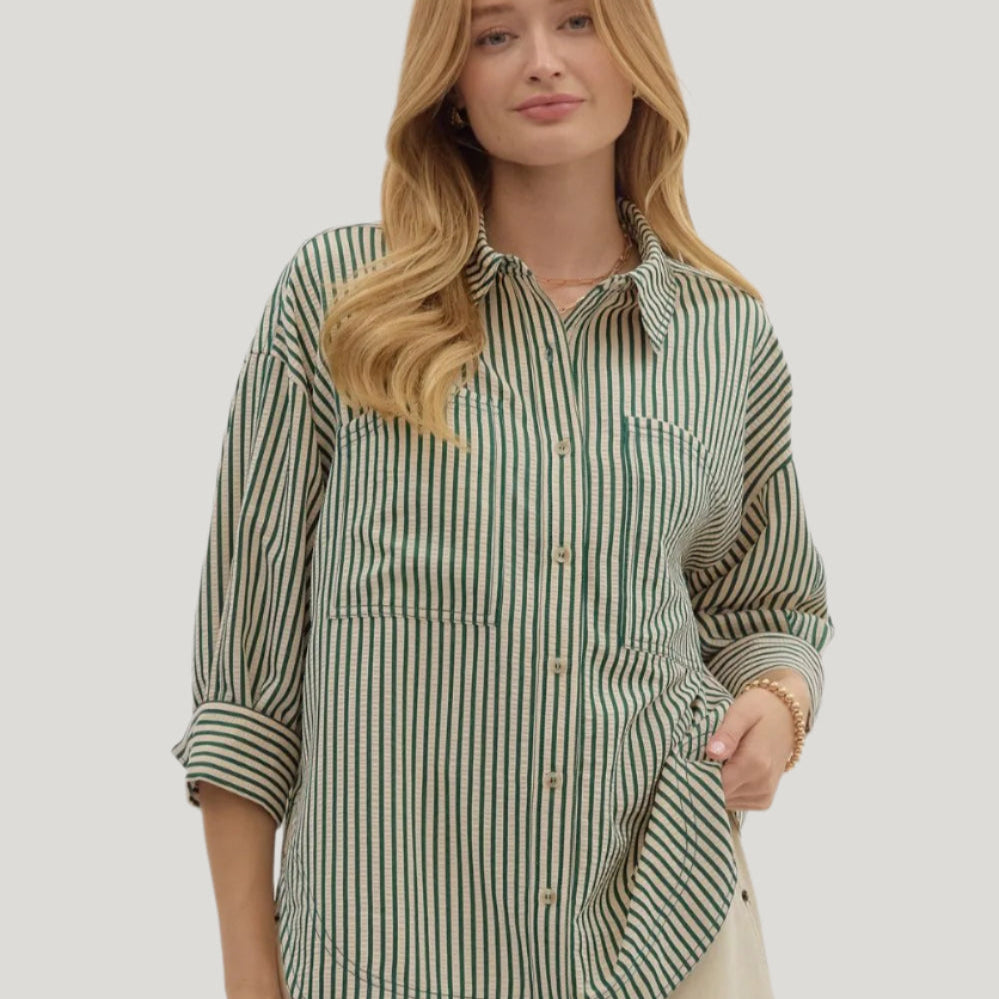 Green Striped Button-Up Top - Plus/Regular-Apparel-Entro-LouisGeorge Boutique, Women’s Fashion Boutique Located in Trussville, Alabama