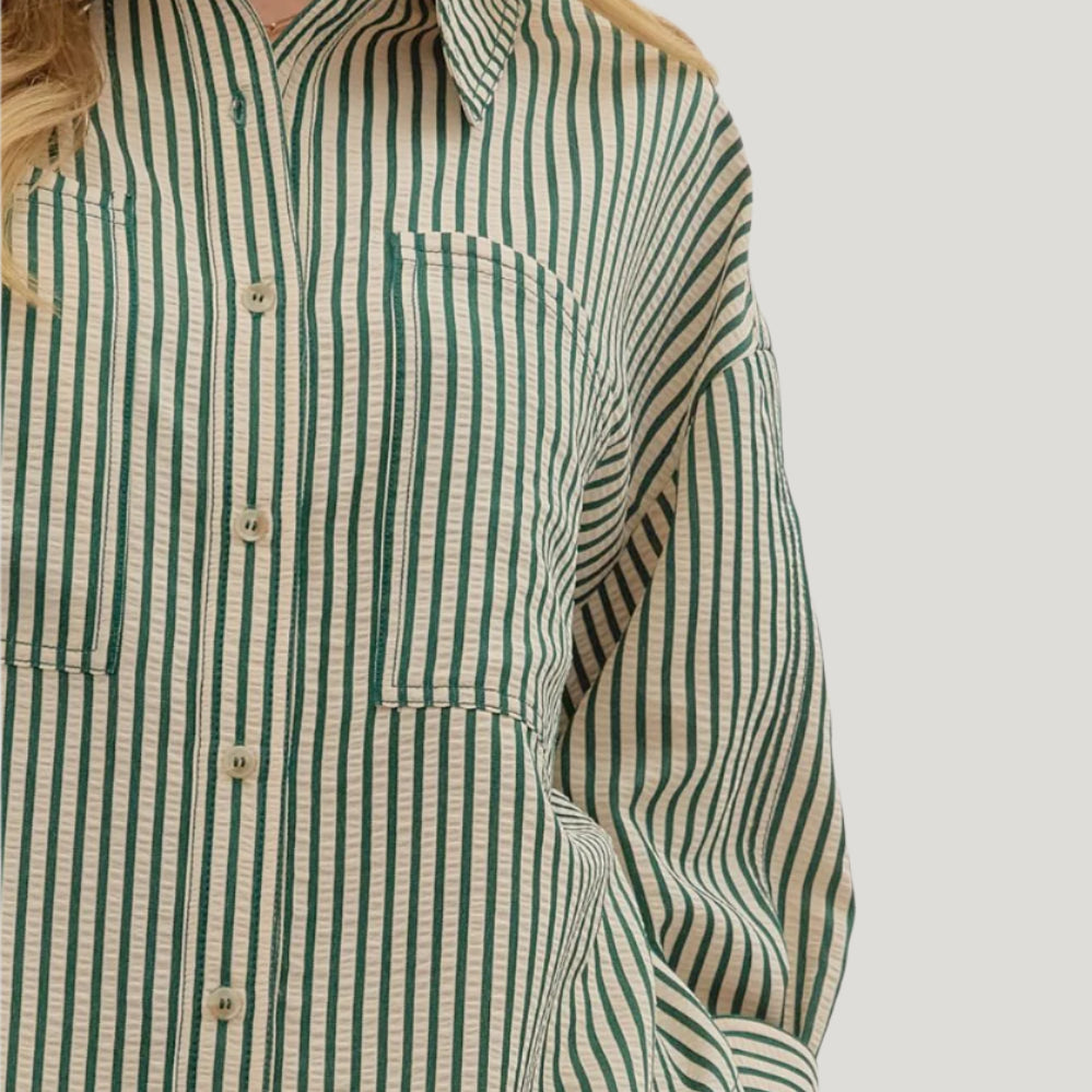 Green Striped Button-Up Top - Plus/Regular-Apparel-Entro-LouisGeorge Boutique, Women’s Fashion Boutique Located in Trussville, Alabama