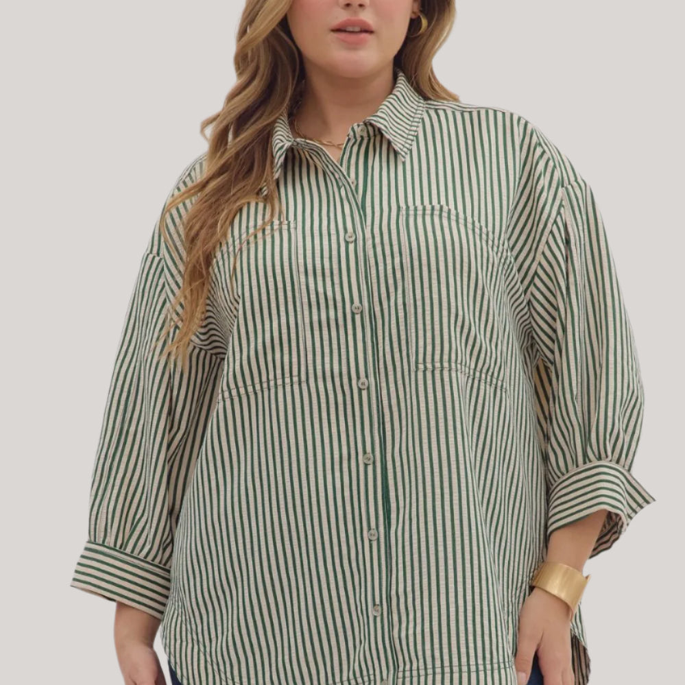 Green Striped Button-Up Top - Plus/Regular-Apparel-Entro-LouisGeorge Boutique, Women’s Fashion Boutique Located in Trussville, Alabama