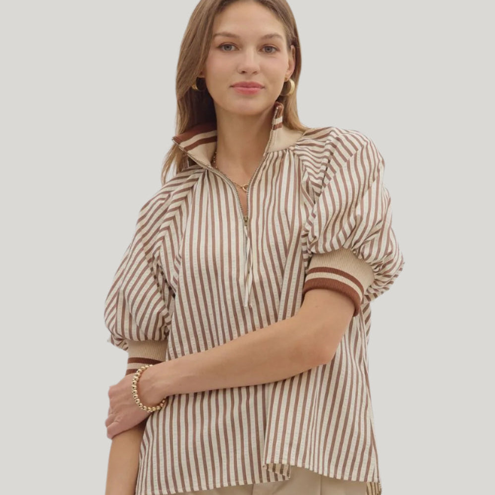 Caramel Stripe Half-Zip Top-Apparel-Entro-LouisGeorge Boutique, Women’s Fashion Boutique Located in Trussville, Alabama