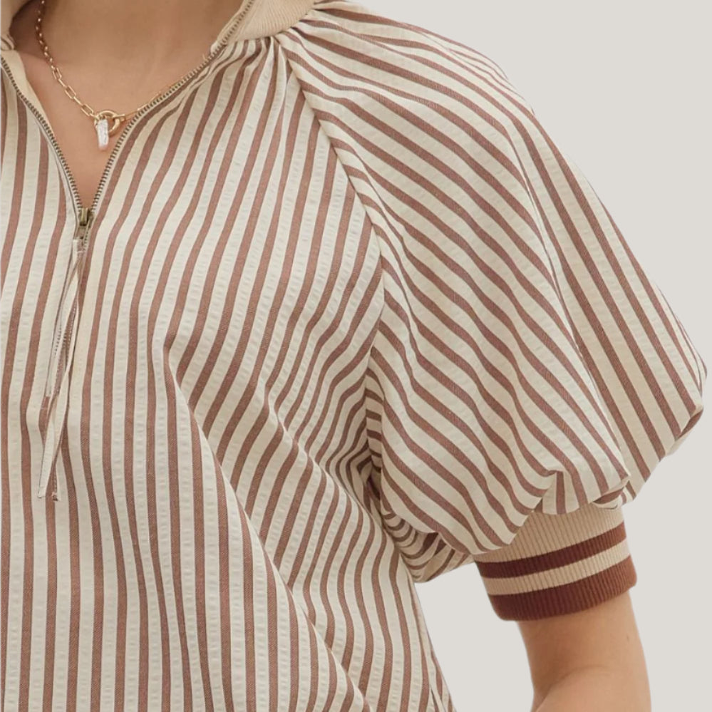 Caramel Stripe Half-Zip Top-Apparel-Entro-LouisGeorge Boutique, Women’s Fashion Boutique Located in Trussville, Alabama