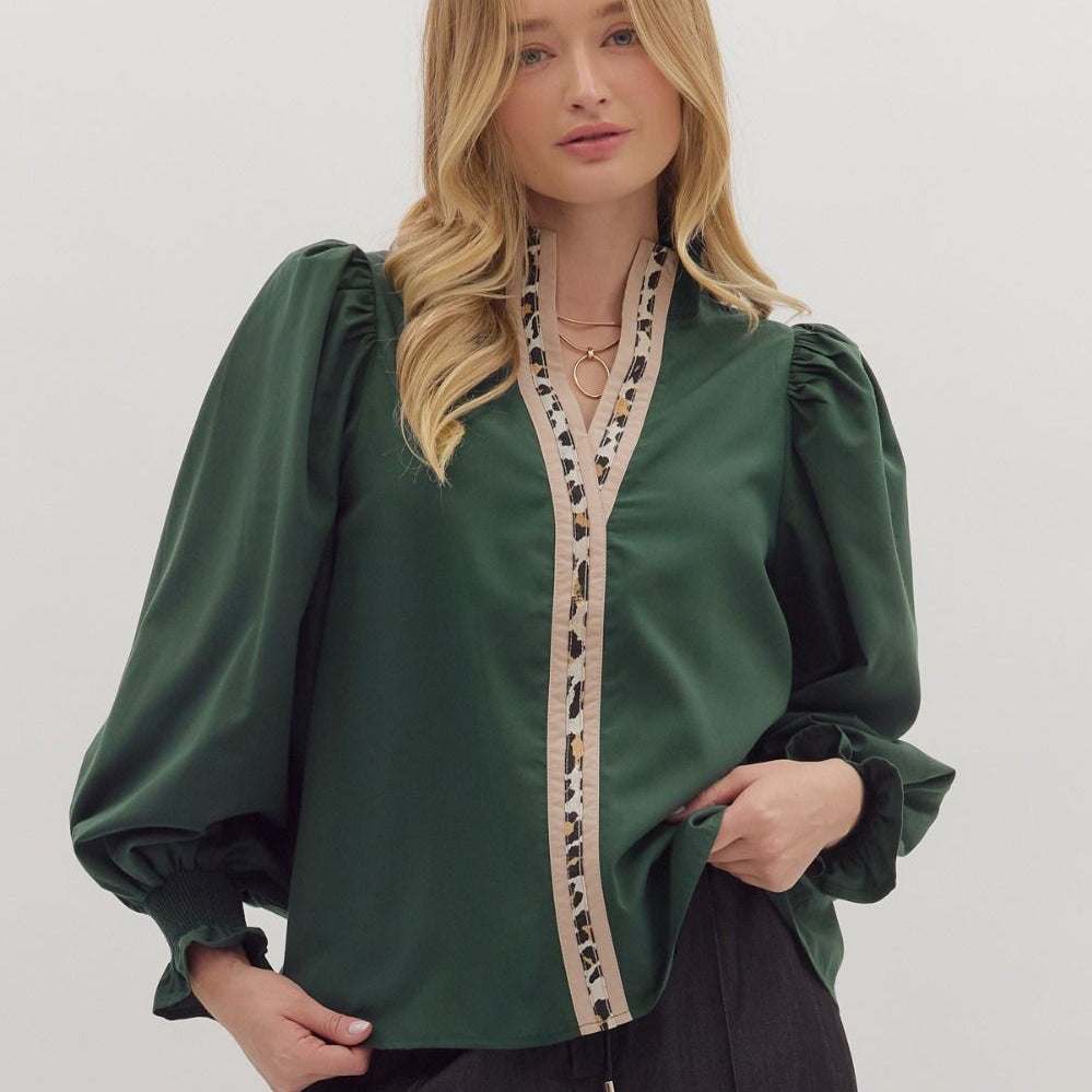 Solid Ruffled Mock Neck Leopard Print Contrast Top - Hunter Green - Plus/Regular-Apparel-Entro-LouisGeorge Boutique, Women’s Fashion Boutique Located in Trussville, Alabama
