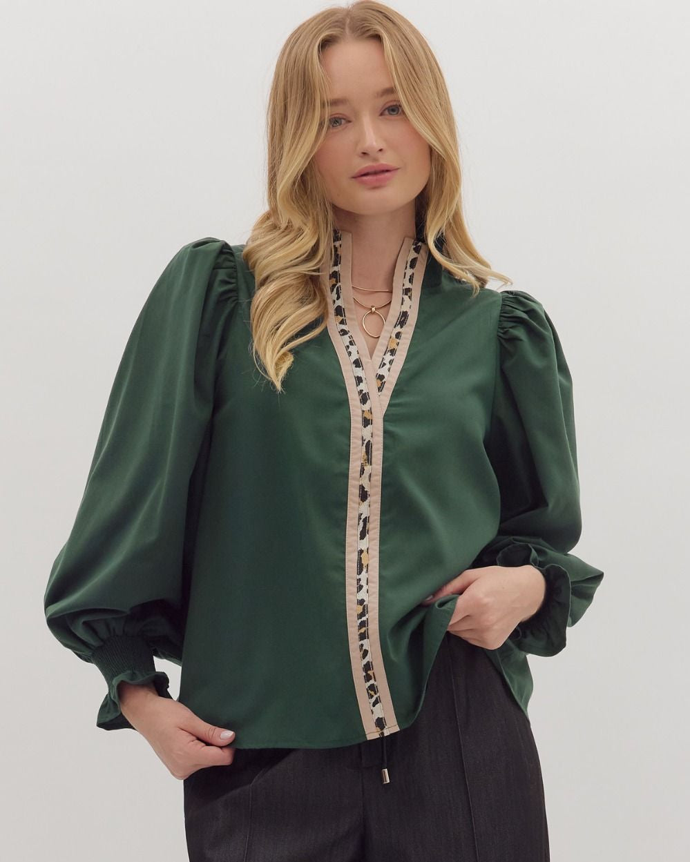 Solid Ruffled Mock Neck Leopard Print Contrast Top - Hunter Green - Plus/Regular-Apparel-Entro-LouisGeorge Boutique, Women’s Fashion Boutique Located in Trussville, Alabama