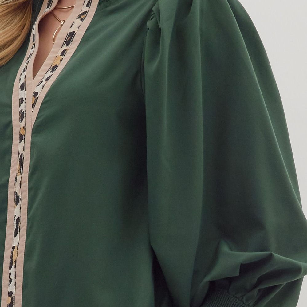 Solid Ruffled Mock Neck Leopard Print Contrast Top - Hunter Green - Plus/Regular-Apparel-Entro-LouisGeorge Boutique, Women’s Fashion Boutique Located in Trussville, Alabama