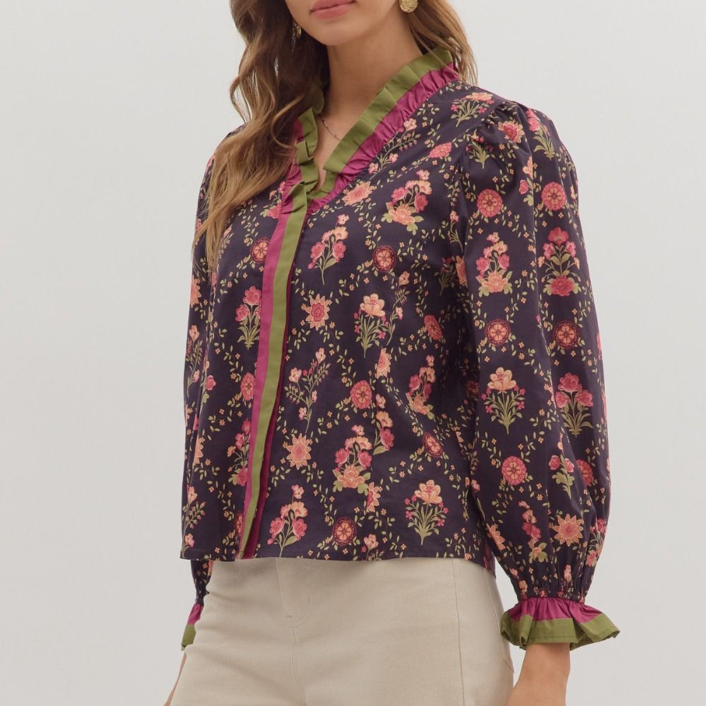 Floral Print Ruffle Trim V Neck Top - Dark Navy - Plus/Regular-Apparel-Entro-LouisGeorge Boutique, Women’s Fashion Boutique Located in Trussville, Alabama