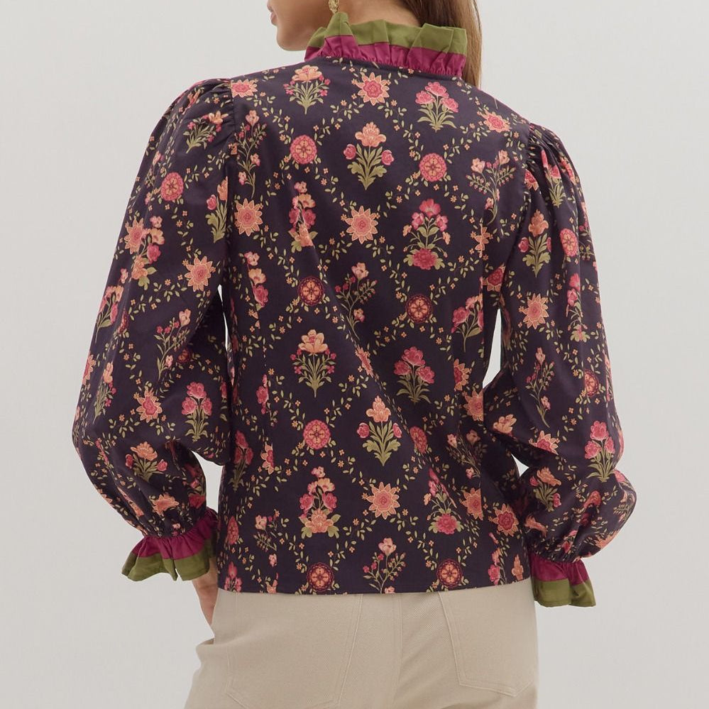 Floral Print Ruffle Trim V Neck Top - Dark Navy - Plus/Regular-Apparel-Entro-LouisGeorge Boutique, Women’s Fashion Boutique Located in Trussville, Alabama