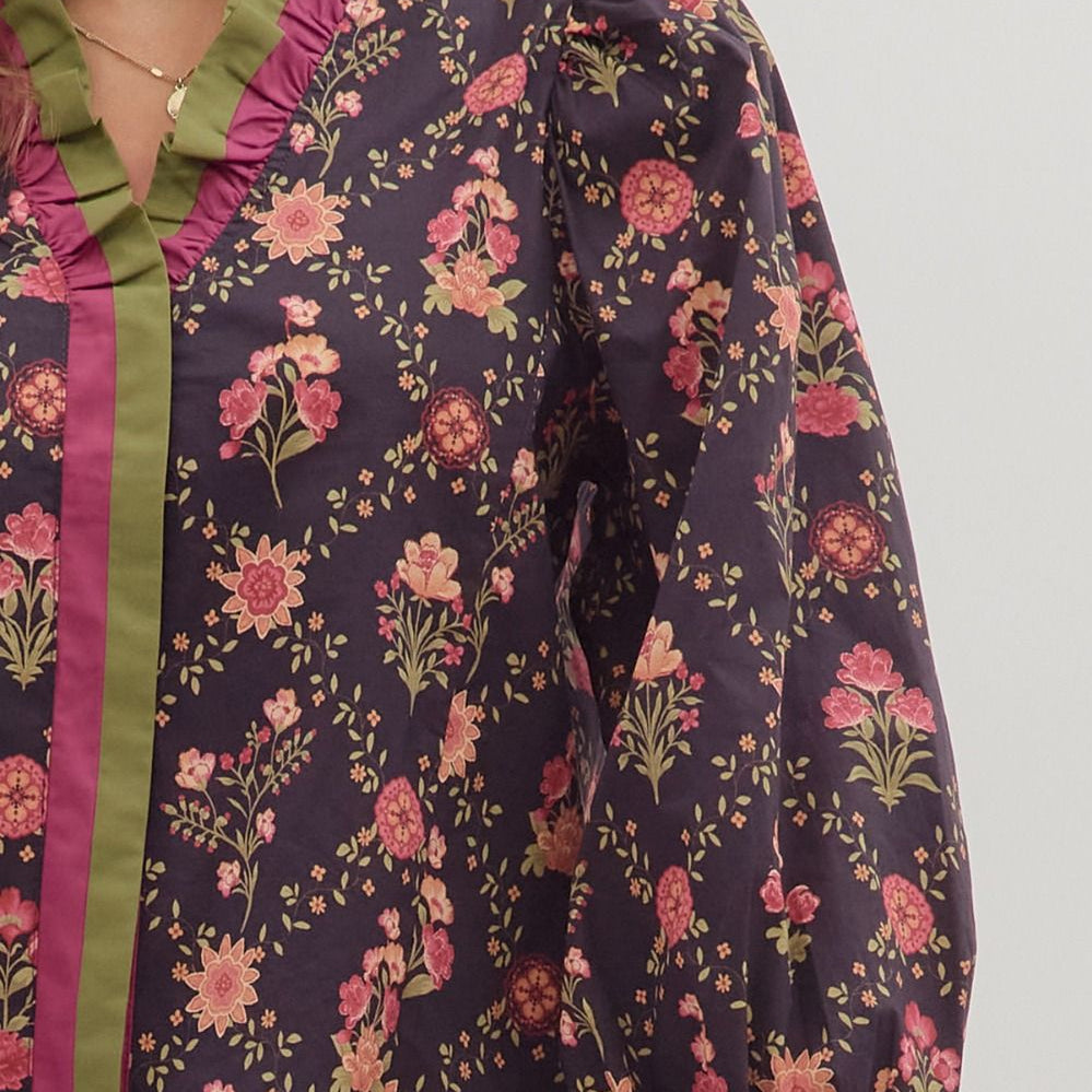 Floral Print Ruffle Trim V Neck Top - Dark Navy - Plus/Regular-Apparel-Entro-LouisGeorge Boutique, Women’s Fashion Boutique Located in Trussville, Alabama