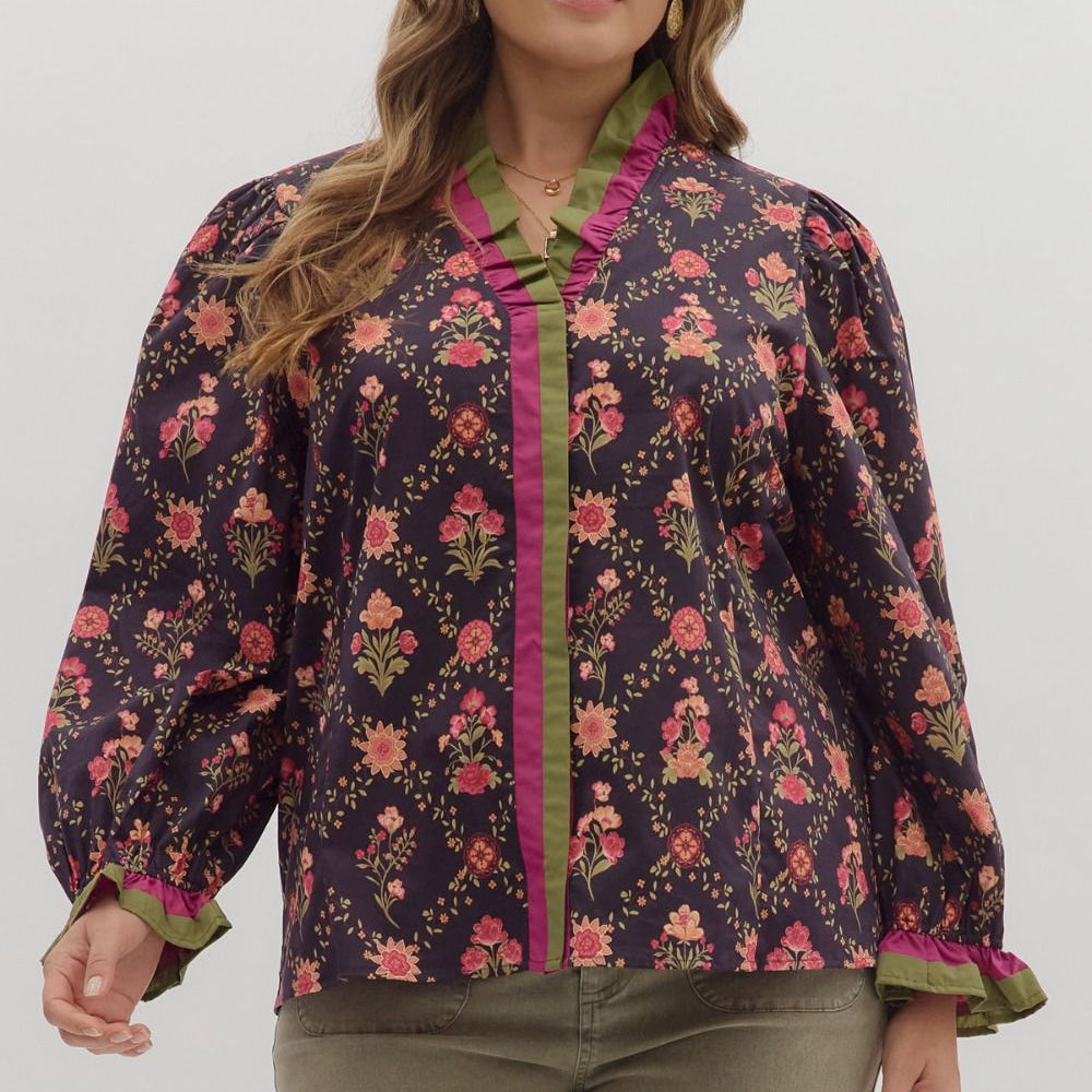 Floral Print Ruffle Trim V Neck Top - Dark Navy - Plus/Regular-Apparel-Entro-LouisGeorge Boutique, Women’s Fashion Boutique Located in Trussville, Alabama