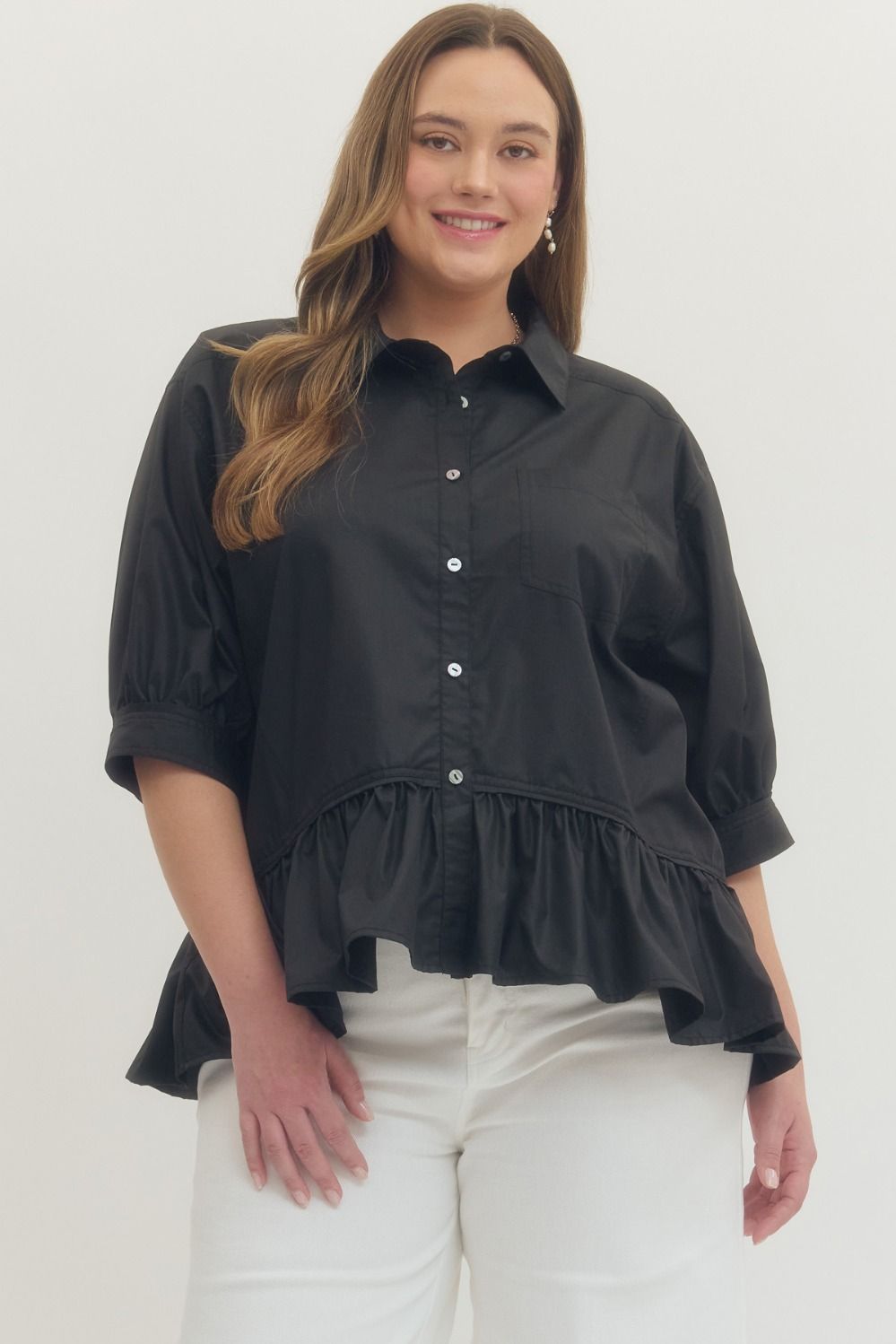 Short Sleeve Button-down Top Ruffle Hem - Black - Plus & Reg-Apparel-Entro-LouisGeorge Boutique, Women’s Fashion Boutique Located in Trussville, Alabama