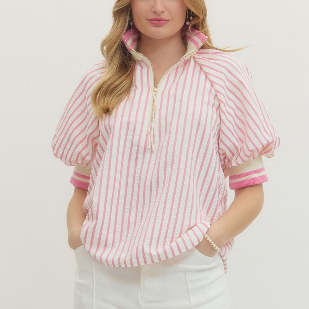 Light Pink Stripe Half-Zip Top - Plus/Reg-Apparel-Entro-LouisGeorge Boutique, Women’s Fashion Boutique Located in Trussville, Alabama