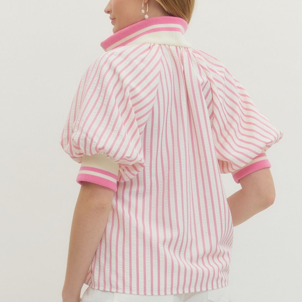 Light Pink Stripe Half-Zip Top - Plus/Reg-Apparel-Entro-LouisGeorge Boutique, Women’s Fashion Boutique Located in Trussville, Alabama