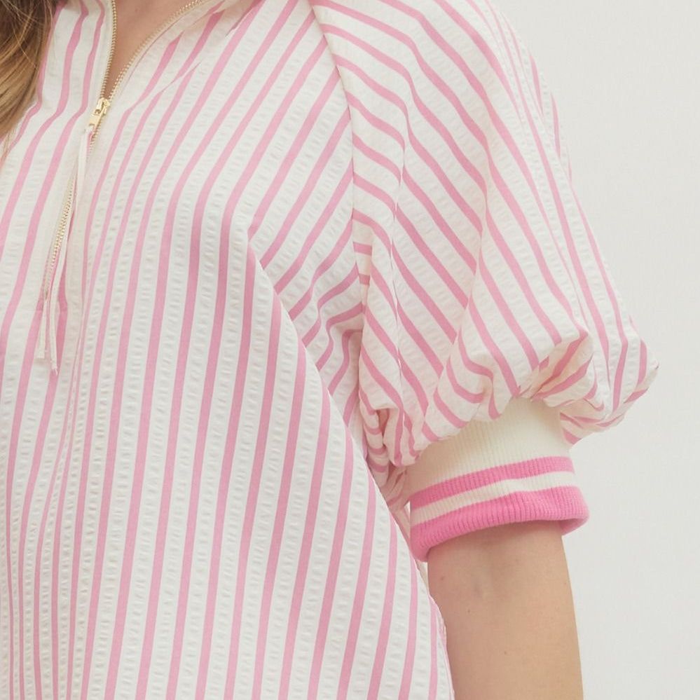 Light Pink Stripe Half-Zip Top - Plus/Reg-Apparel-Entro-LouisGeorge Boutique, Women’s Fashion Boutique Located in Trussville, Alabama