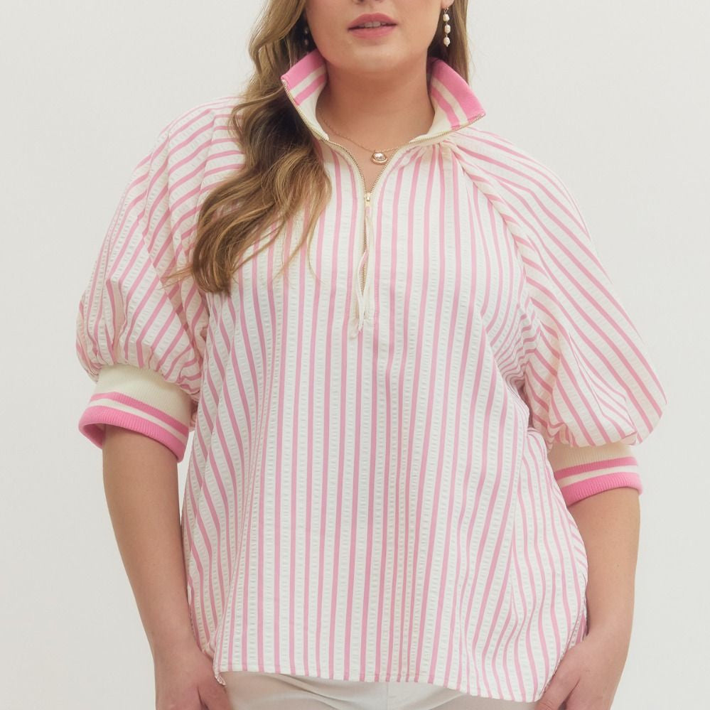 Light Pink Stripe Half-Zip Top - Plus/Reg-Apparel-Entro-LouisGeorge Boutique, Women’s Fashion Boutique Located in Trussville, Alabama