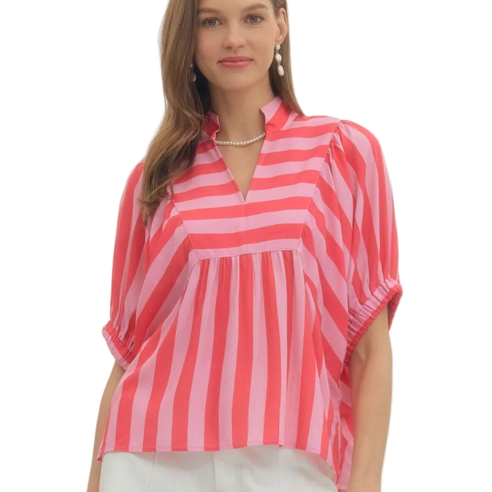 Stripe Print Short Sleeve Top - Pink - Plus & Regular-Apparel-Entro-LouisGeorge Boutique, Women’s Fashion Boutique Located in Trussville, Alabama