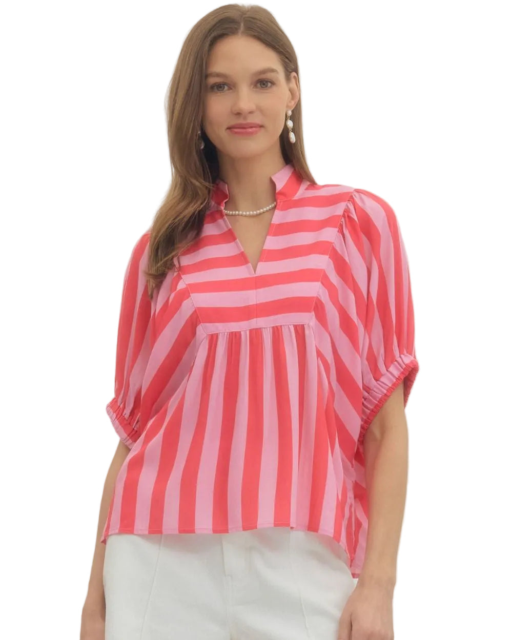 Stripe Print Short Sleeve Top - Pink - Plus & Regular-Apparel-Entro-LouisGeorge Boutique, Women’s Fashion Boutique Located in Trussville, Alabama