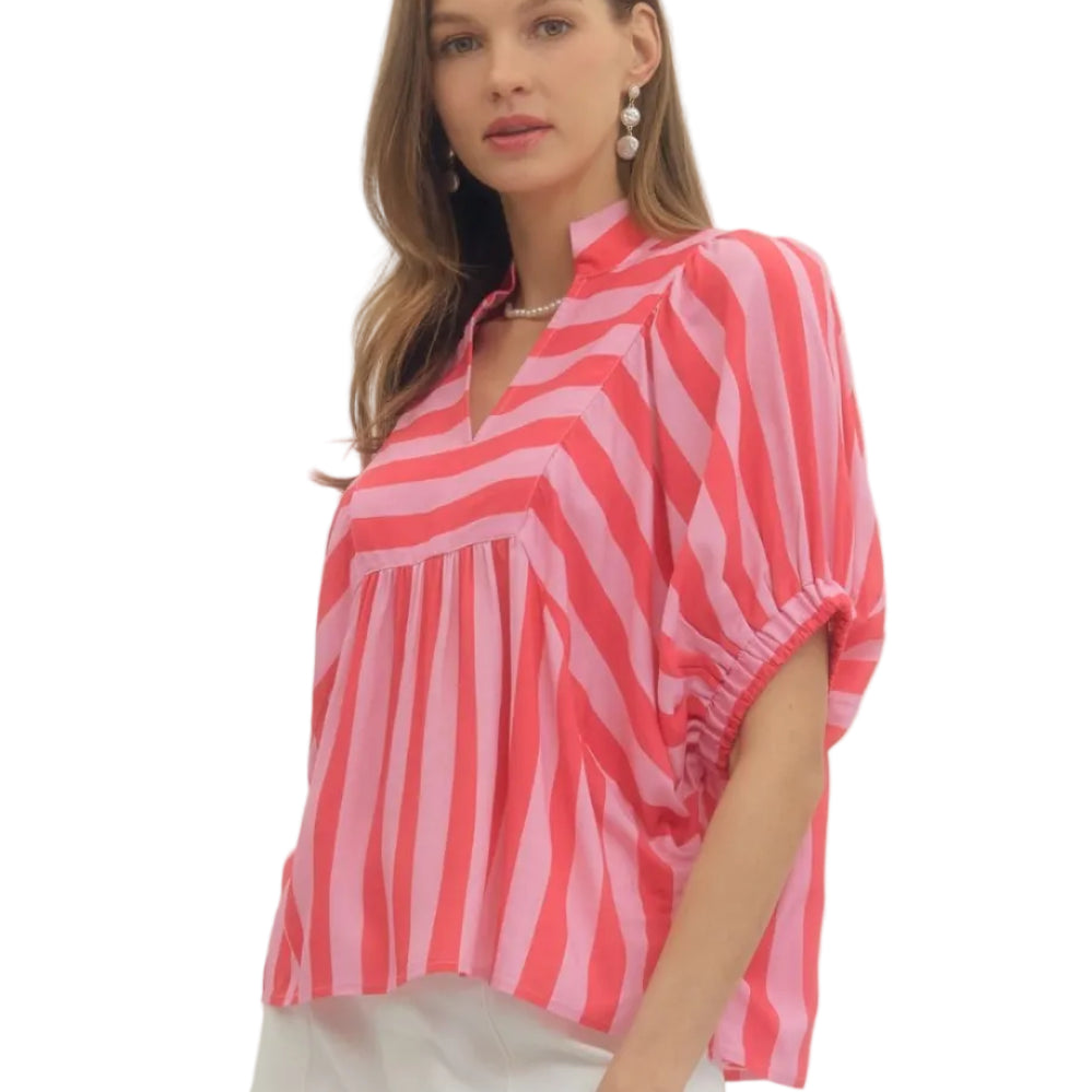 Stripe Print Short Sleeve Top - Pink - Plus & Regular-Apparel-Entro-LouisGeorge Boutique, Women’s Fashion Boutique Located in Trussville, Alabama