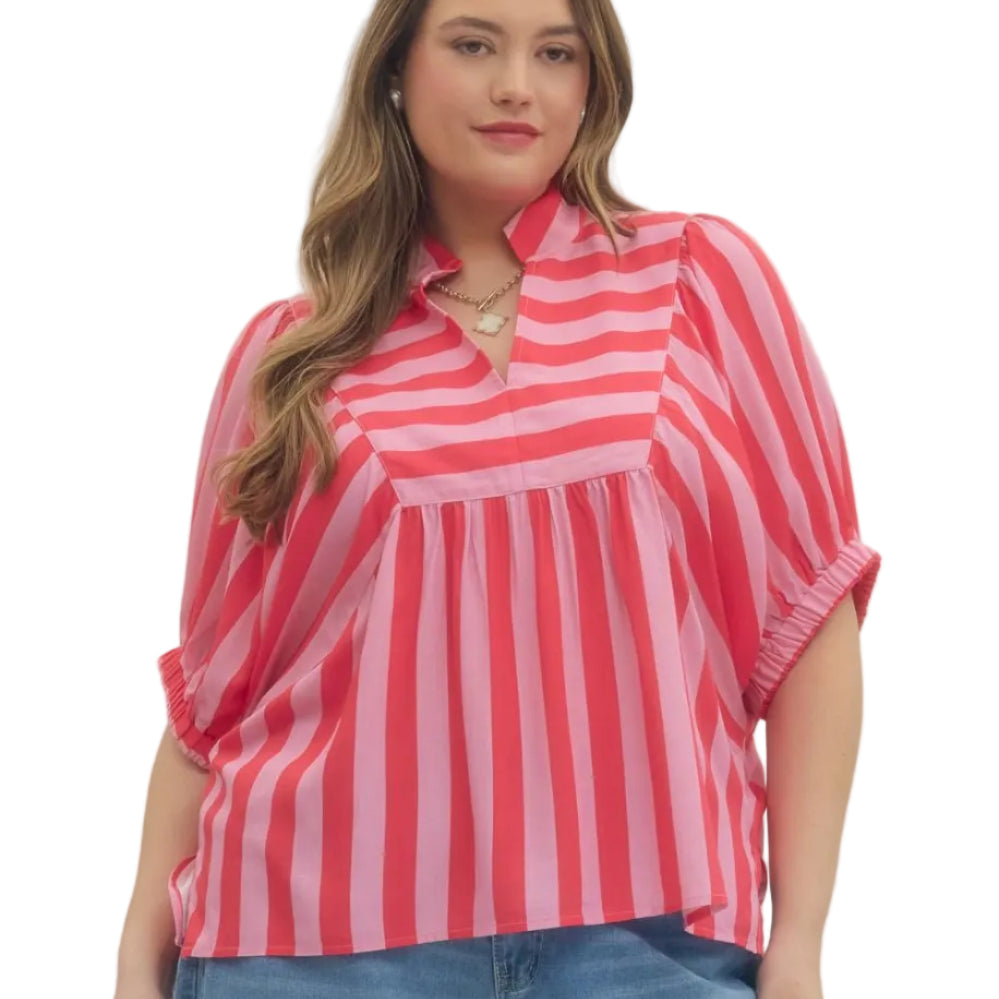 Stripe Print Short Sleeve Top - Pink - Plus & Regular-Apparel-Entro-LouisGeorge Boutique, Women’s Fashion Boutique Located in Trussville, Alabama