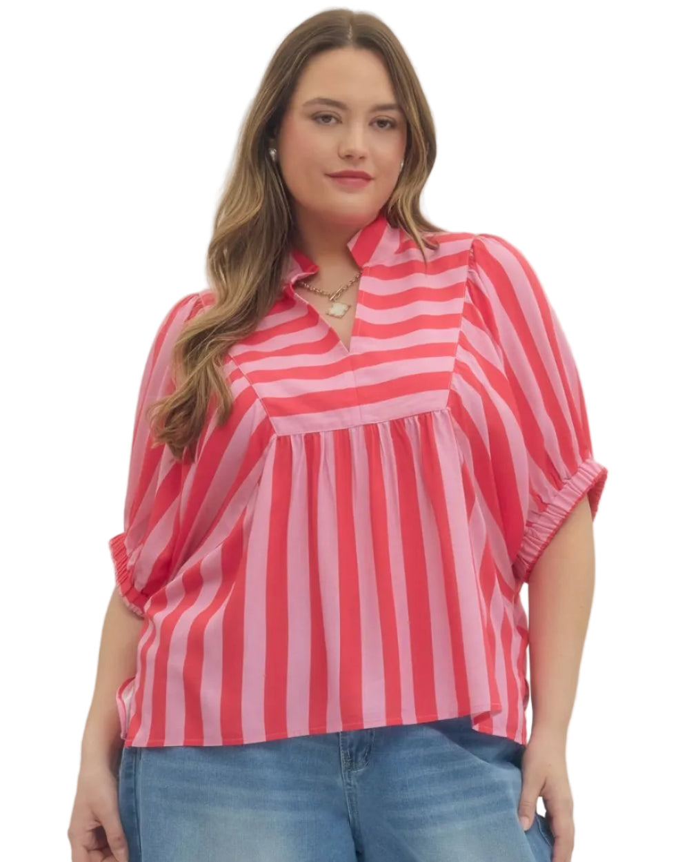Stripe Print Short Sleeve Top - Pink - Plus & Regular-Apparel-Entro-LouisGeorge Boutique, Women’s Fashion Boutique Located in Trussville, Alabama