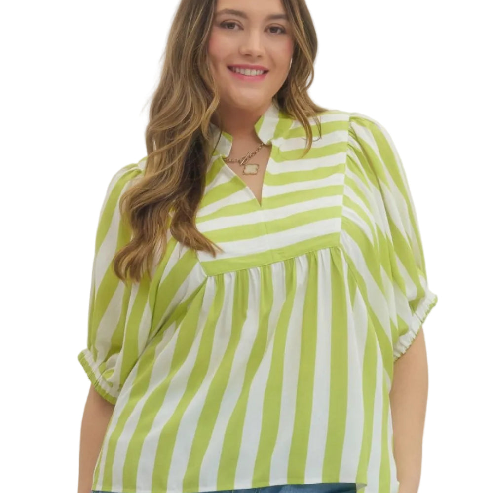 Stripe Print Short Sleeve Top - Lime - Plus & Regular-Apparel-Entro-LouisGeorge Boutique, Women’s Fashion Boutique Located in Trussville, Alabama