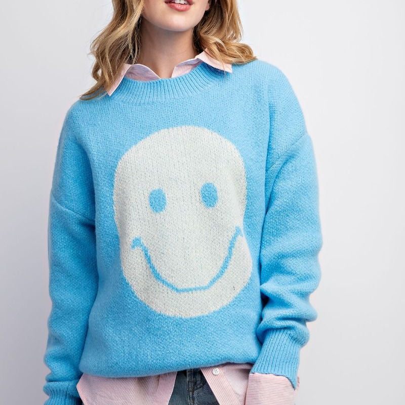 Always Happy Sweater by Easel - Crayon Blue-Graphic Tee-Easel-LouisGeorge Boutique, Women’s Fashion Boutique Located in Trussville, Alabama