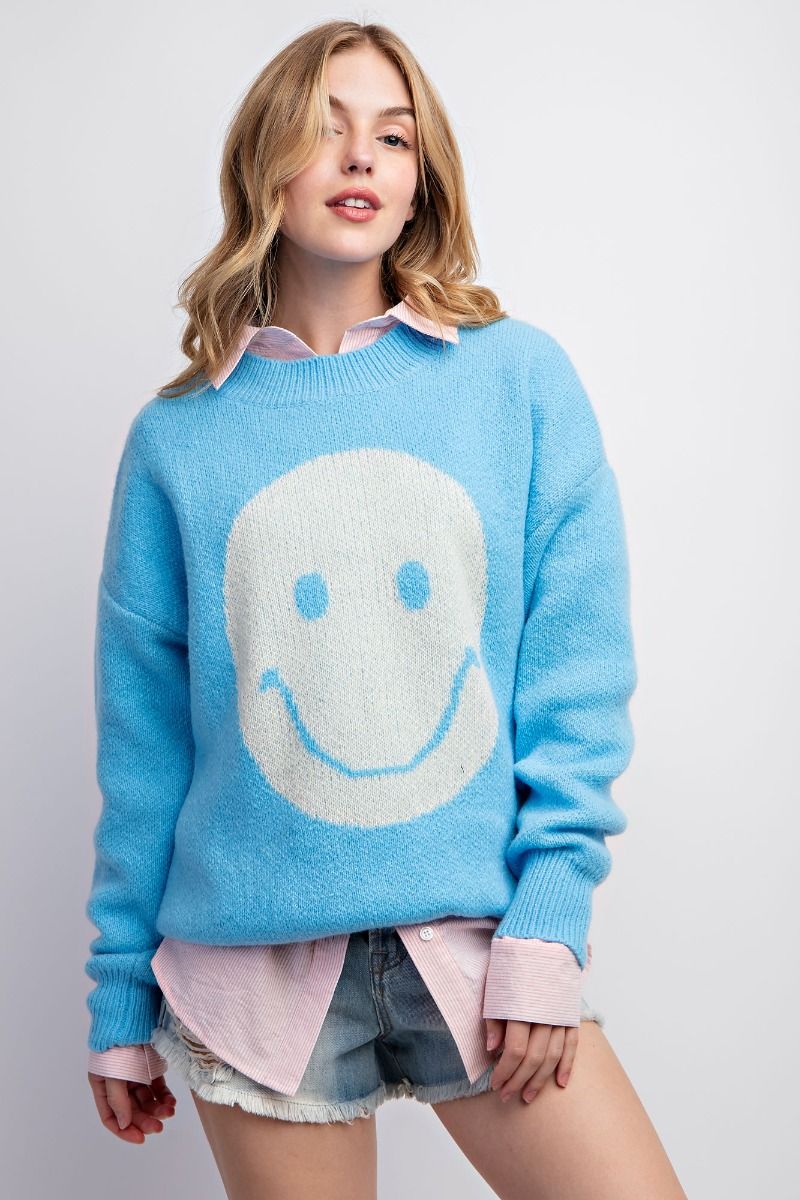 Always Happy Sweater by Easel - Crayon Blue-Graphic Tee-Easel-LouisGeorge Boutique, Women’s Fashion Boutique Located in Trussville, Alabama