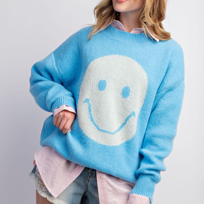 Always Happy Sweater by Easel - Crayon Blue-Graphic Tee-Easel-LouisGeorge Boutique, Women’s Fashion Boutique Located in Trussville, Alabama
