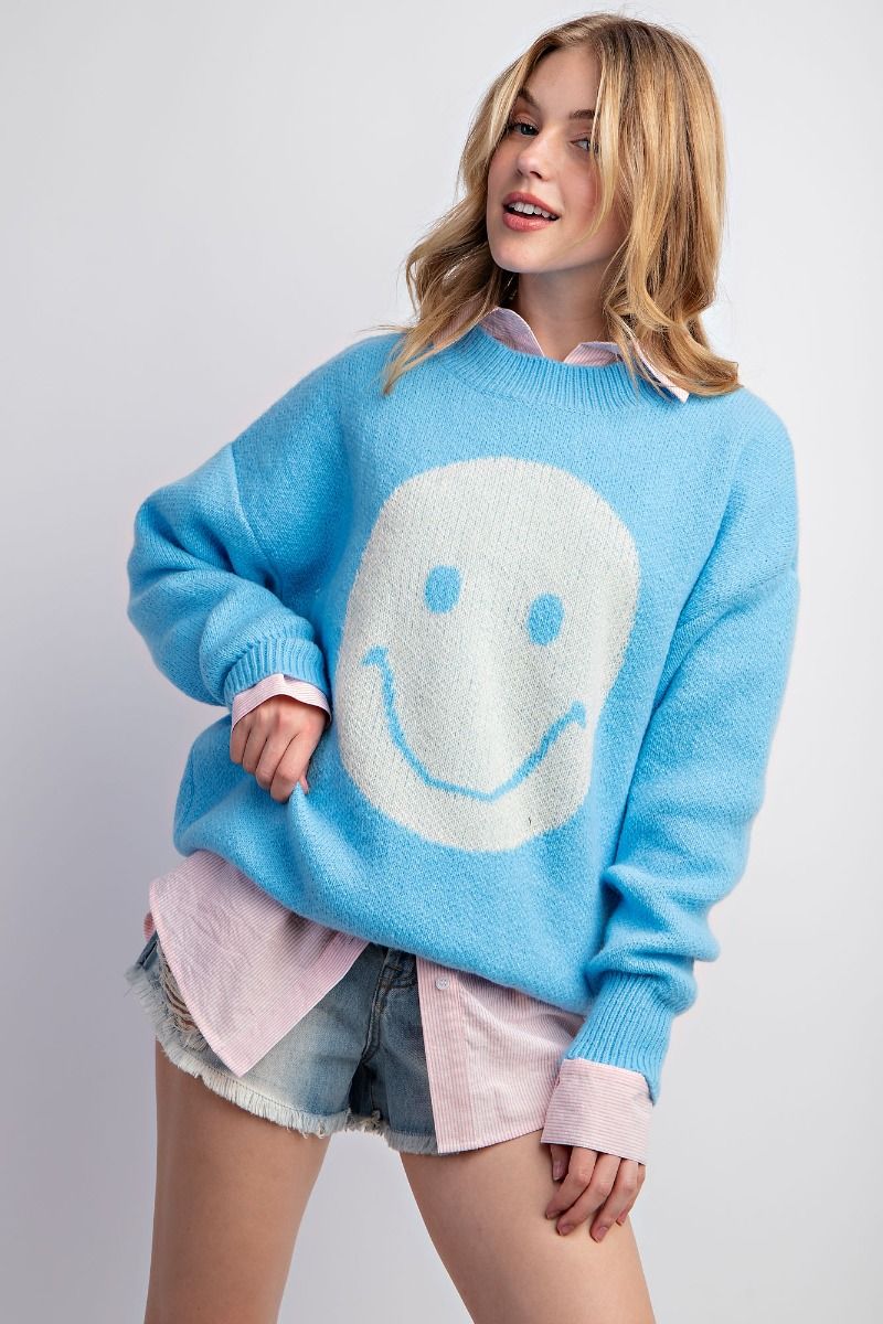 Always Happy Sweater by Easel - Crayon Blue-Graphic Tee-Easel-LouisGeorge Boutique, Women’s Fashion Boutique Located in Trussville, Alabama