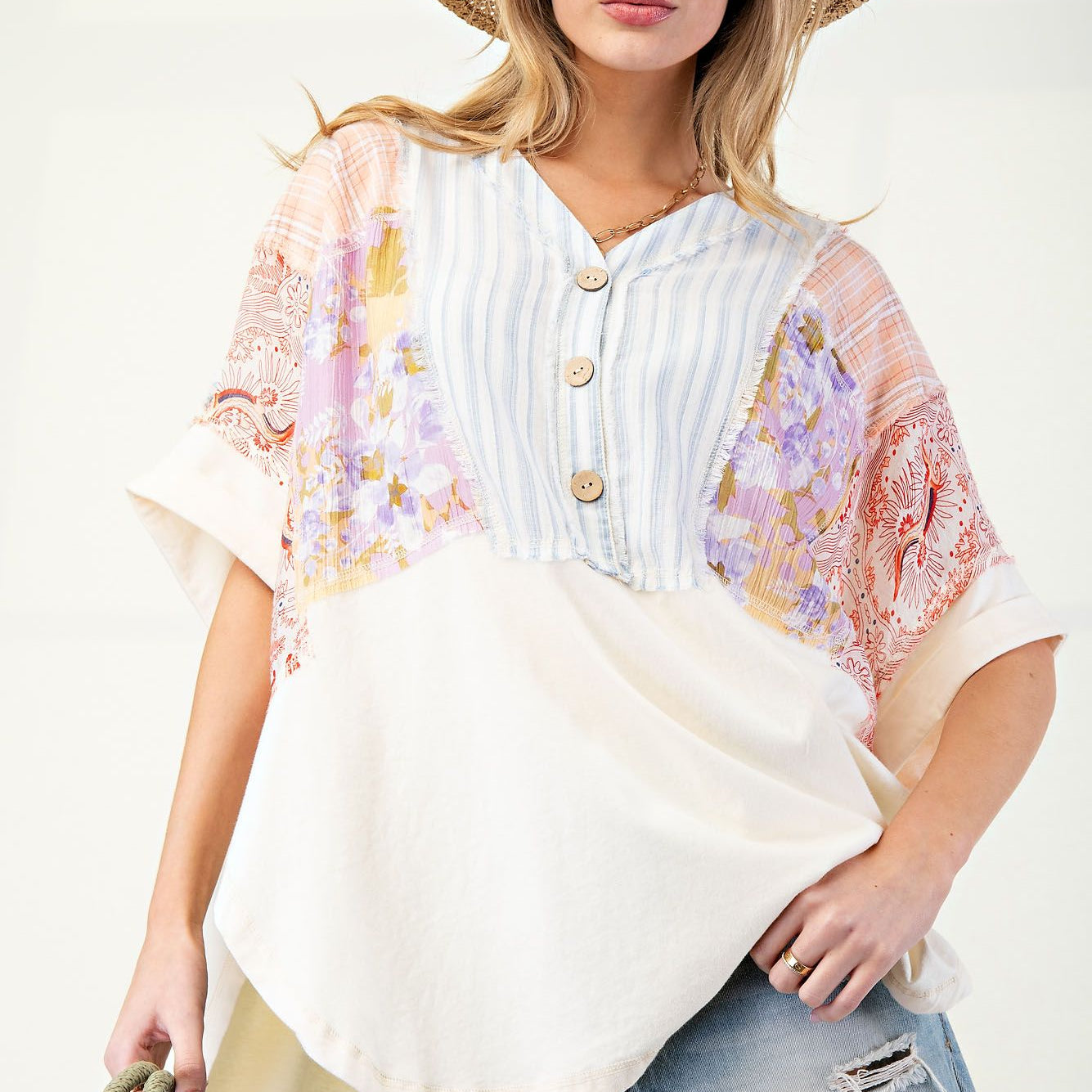 Mix Print Soft Washed Cotton Jersey Tunic by Easel - Ivory - Plus/Regular-Apparel-Easel-LouisGeorge Boutique, Women’s Fashion Boutique Located in Trussville, Alabama