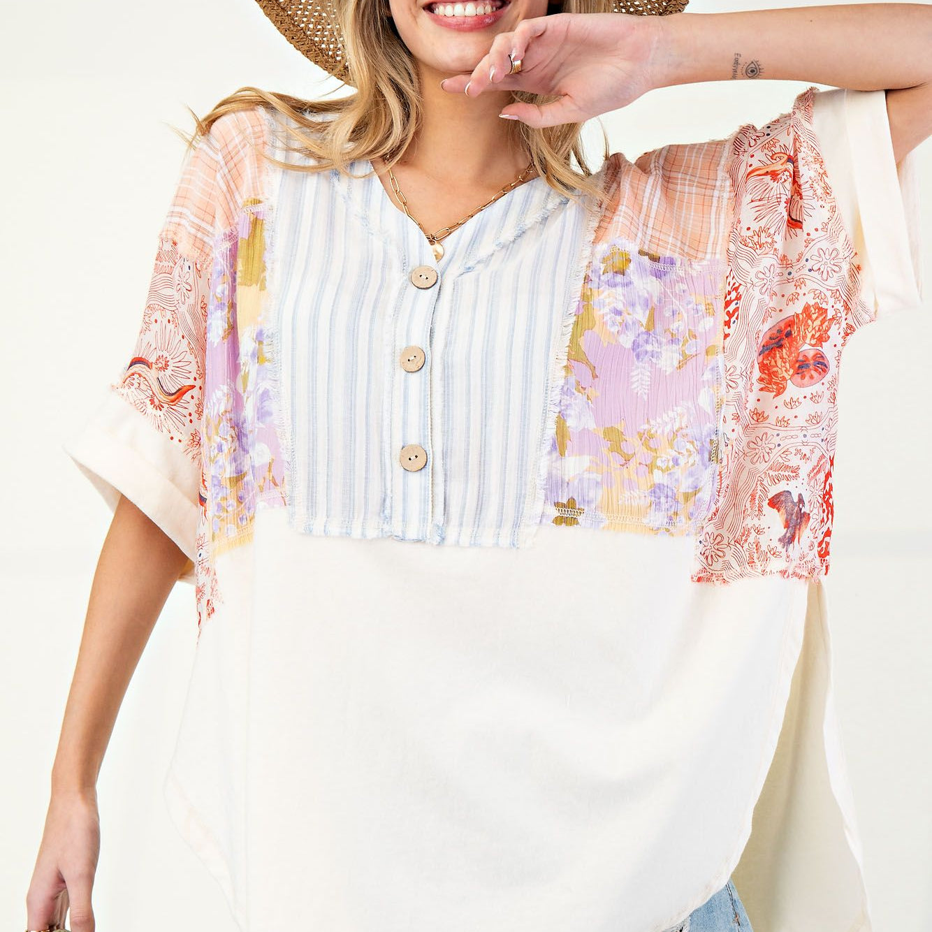 Mix Print Soft Washed Cotton Jersey Tunic by Easel - Ivory - Plus/Regular-Apparel-Easel-LouisGeorge Boutique, Women’s Fashion Boutique Located in Trussville, Alabama