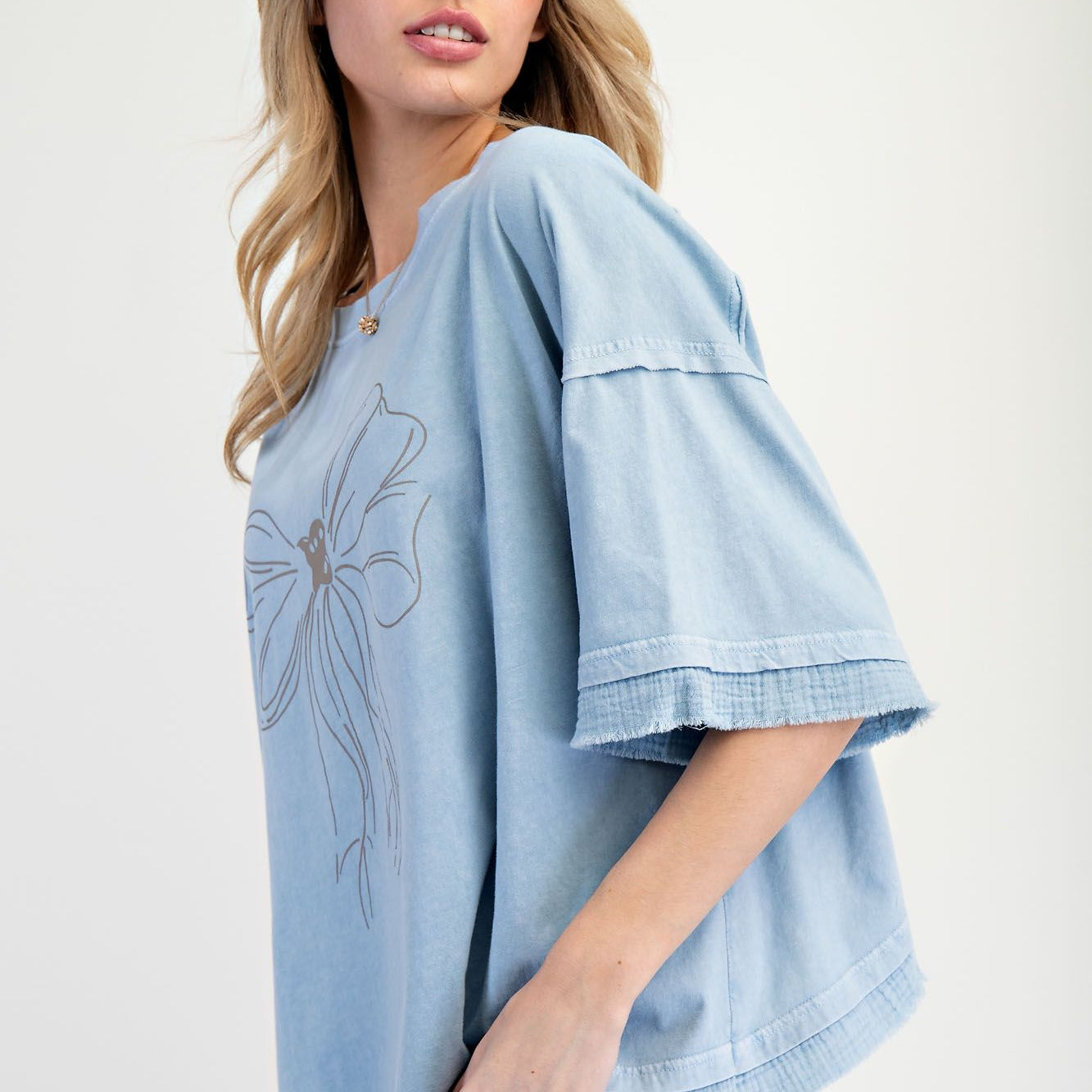 Bow Print Mineral Washed Cotton Knit Top by Easel - Cotton Blue-Apparel-Easel-LouisGeorge Boutique, Women’s Fashion Boutique Located in Trussville, Alabama