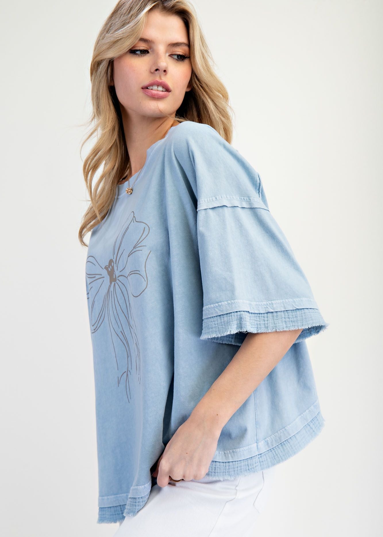 Bow Print Mineral Washed Cotton Knit Top by Easel - Cotton Blue-Apparel-Easel-LouisGeorge Boutique, Women’s Fashion Boutique Located in Trussville, Alabama