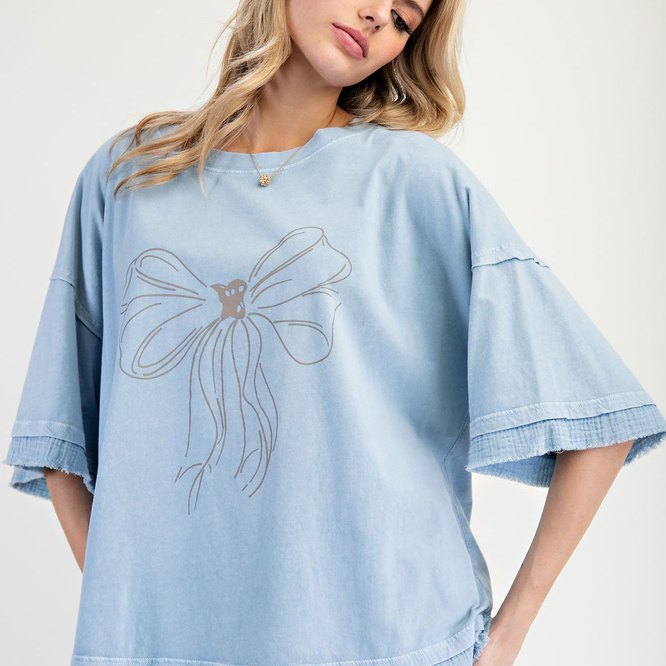 Bow Print Mineral Washed Cotton Knit Top by Easel - Cotton Blue-Apparel-Easel-LouisGeorge Boutique, Women’s Fashion Boutique Located in Trussville, Alabama